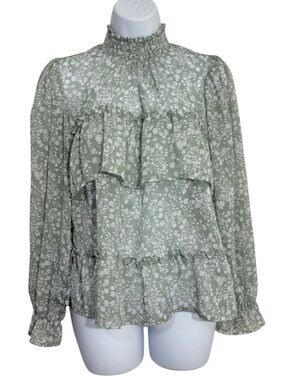Rabbit Rose Sage Floral Puff Sleeve Blouse Smocked Mock Neck Tiered Ruffle Body